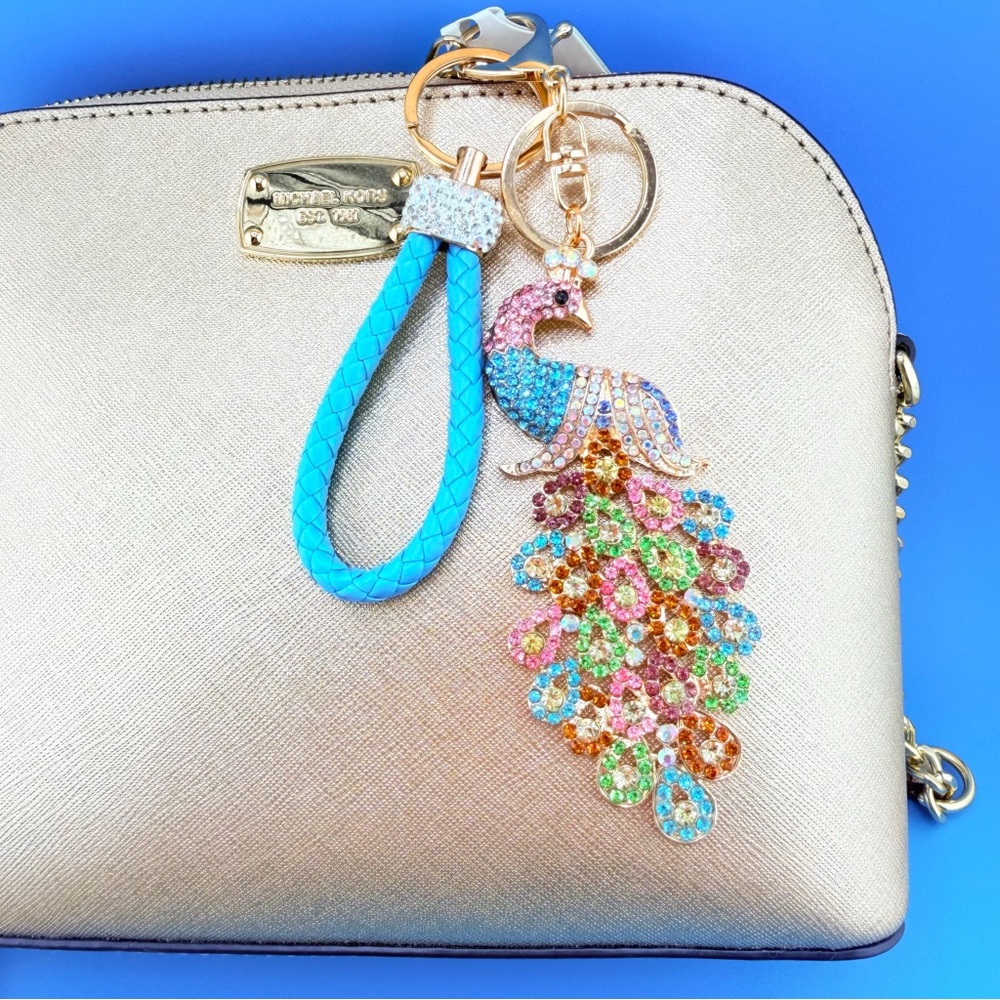 🦚 Designer-Inspired Colorful Rhinestone Peacock Keychain/ Purse/Bag Charm Bling